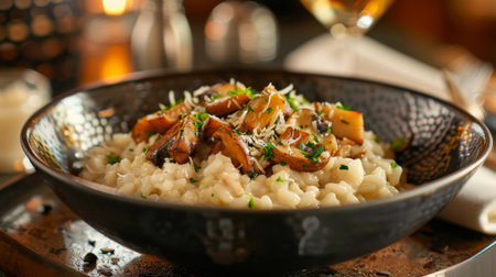 A rich and creamy bowl of Italian risotto with mushrooms and Parmesan, served in an elegant restaurant.の素材