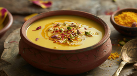 A vibrant bowl of Indian mango lassi, garnished with pistachios and saffron, served in a traditional clay cup.の素材