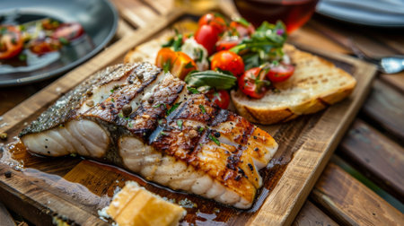 A tempting fish steak grilled to perfection and served with a colorful tomato salad and garlic bread on a rustic wooden board, in a casual outdoor dining setup.の素材