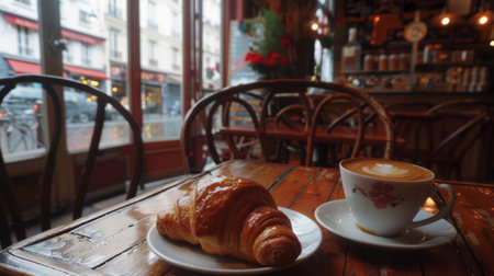 A traditional French croissant with a cup of coffee, set in a quaint Parisianの素材