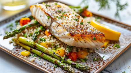 A tempting fish steak grilled to perfection and served with a colorful Mediterranean couscous salad and grilled asparagus spears on a stylish square plate, against a bright and airy background.の素材