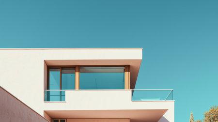 An exterior shot of a minimalist-style home featuring simple geometric shapes, neutral colors, and a flat roof, set against a clear blue sky.の素材
