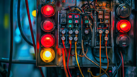 Close-up of a traffic light controller box with wires and circuits, illustrating the technology behind the operation of traffic signals.の素材