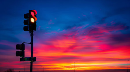 A traffic light silhouette against a vibrant sunset sky, symbolizing the transition from day to night and the changing rhythms of city life.の素材