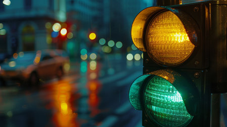 Close-up of a traffic light changing from green to yellow, signaling drivers to slow down and prepare to stop at an intersection.の素材