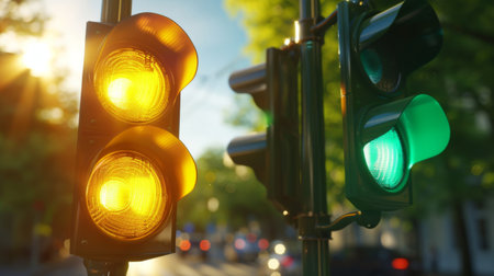 Close-up of a traffic light changing from green to yellow, signaling drivers to slow down and prepare to stop at an intersection.の素材