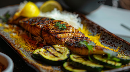 A succulent fish steak seasoned with aromatic spices and served with fragrant saffron rice and grilled zucchini slices on a sleek rectangular platter, in a chic restaurant setting.の素材