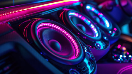 Vibrant car audio speakers illuminated with colorful LED lights, pulsating to the rhythm of the music for an immersive driving experience.の素材