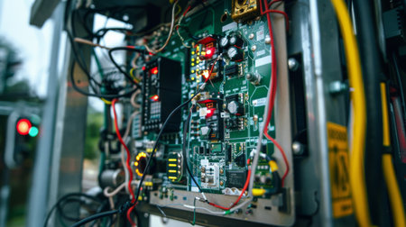 Close-up of a traffic light controller box with wires and circuits, illustrating the technology behind the operation of traffic signals.の素材