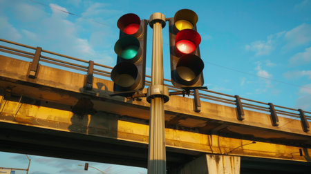 A traffic light suspended over a highway interchange, directing traffic flow and ensuring safety during peak travel times.の素材