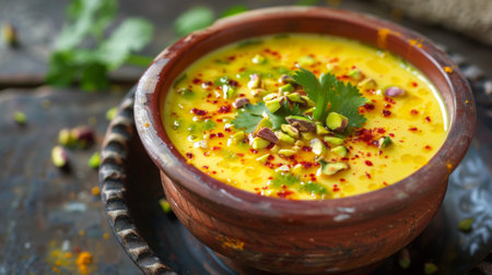 A vibrant bowl of Indian mango lassi, garnished with pistachios and saffron, served in a traditional clay cup.の素材