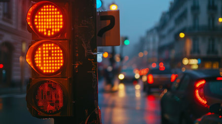 Close-up of a traffic light with a countdown timer, indicating the seconds remaining until the light changes, helping pedestrians gauge when to cross the street.の素材