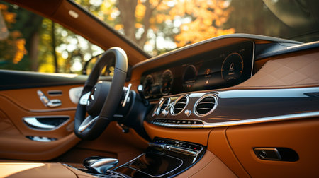 Interior shot of a luxury car showcasing state-of-the-art sound system speakers integrated seamlessly into the cabin for immersive audio enjoyment.の素材