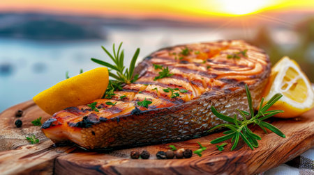 A succulent grilled fish steak served with lemon wedges and fresh herbs on a rustic wooden plate, against a backdrop of a seaside sunset.の素材