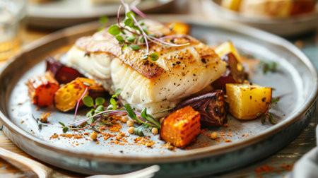 A succulent fish steak served with roasted root vegetables and garnished with microgreens on a stylish oval plate, against a backdrop of a cozy home dining table.の素材