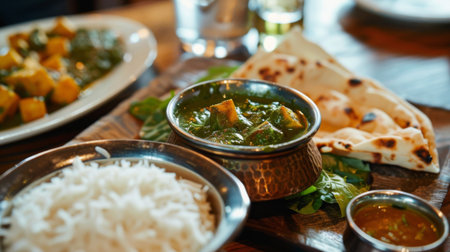 A vegetarian feast featuring dishes like palak paneer, aloo gobi, and chana masala, served with rice and roti.の素材
