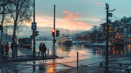 A traffic light at a waterfront promenade, with boats docked in the harbor and pedestrians crossing the street to reach the marina.の素材
