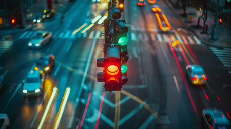A traffic light changing from red to green, with blurred motion of cars moving forward as they proceed through the intersection.の素材
