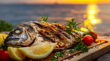 A succulent grilled fish steak served with lemon wedges and fresh herbs on a rustic wooden plate, against a backdrop of a seaside sunset.の素材