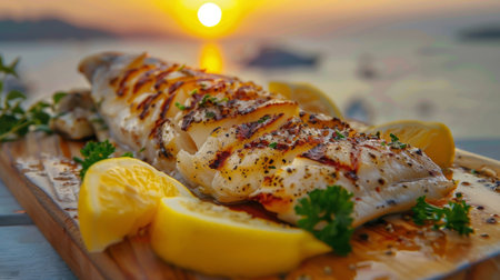 A succulent grilled fish steak served with lemon wedges and fresh herbs on a rustic wooden plate, against a backdrop of a seaside sunset.の素材