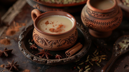 A serving of Indian chai tea in a traditional clay cup, with spices and milk, set against a rustic background.の素材