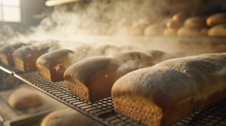 Freshly baked bread loaves cooling on a wire rack in a bakery kitchen, with steam rising and golden crusts glistening in the morning light.の素材