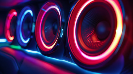 Vibrant car audio speakers illuminated with colorful LED lights, pulsating to the rhythm of the music for an immersive driving experience.の素材