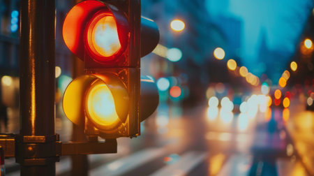 Close-up of a traffic light with a sensor for detecting approaching vehicles, ensuring efficient traffic flow and safety at busy intersections.の素材