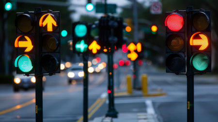 A row of traffic lights at an intersection, with arrows indicating left turn, right turn, and straight ahead directions for drivers.の素材