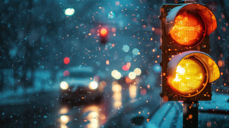 A traffic light illuminated against a backdrop of falling snow, with cars cautiously navigating icy roads during a winter storm.の素材