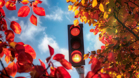 A traffic light surrounded by autumn foliage, with vibrant red and yellow leaves framing the signal against a blue sky.の素材