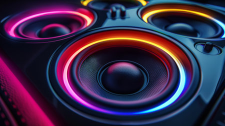 Vibrant car audio speakers illuminated with colorful LED lights, pulsating to the rhythm of the music for an immersive driving experience.の素材
