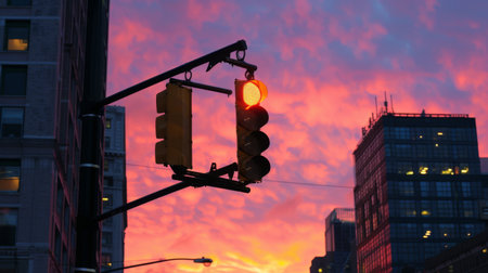 A traffic light at dusk, with the sky turning shades of pink and orange as the sun sets behind urban buildings in the background.の素材