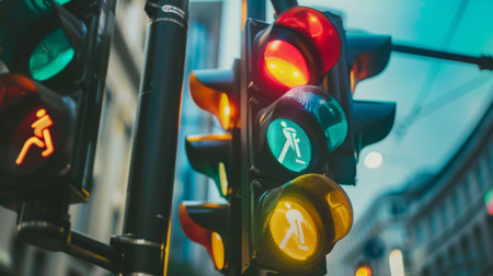 Close-up of a traffic light pole with multiple signals for cars, pedestrians, and cyclists, demonstrating the complexity of urban transportation systems.の素材