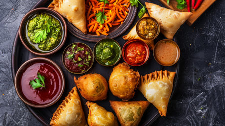 A platter of assorted Indian street food including samosas, pakoras, and chaat, served with chutneys and sauces.の素材