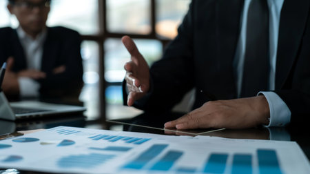 A business leader presenting a quarterly report with business graphs and financial data to company stakeholders in a boardroom meeting.の素材