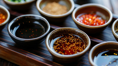 A close-up of assorted dipping sauces for shabu-shabu, including ponzu, sesame, and chili oil, enhancing the flavors of the cooked ingredients.の素材