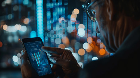 A businessman studying business graphs and data analytics on a smartphone, staying informed about market trends and industry insights.の素材