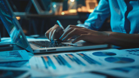 A business professional studying business graphs and market data on a laptop, conducting market research and competitive analysis.の素材