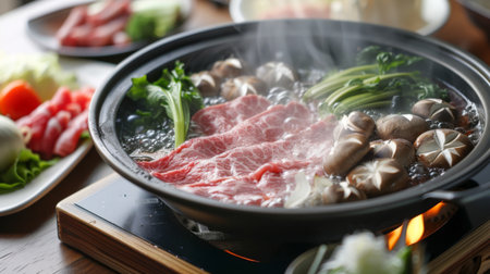 A close-up of a shabu-shabu hot pot simmering on a portable burner, with ingredients arranged neatly around the pot for easy access.の素材