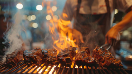 A chef grilling pork steaks over an open flame, basting them with a flavorful marinade for a delicious smoky taste.の素材