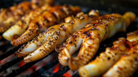A close-up of grilled squid tentacles seasoned with salt, pepper, and garlic, grilling to perfection on a hot barbecue grill.の素材