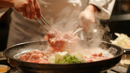 A chef demonstrating the art of shabu-shabu cooking at a culinary event, showcasing the technique of quickly swishing ingredients in hot broth.の素材