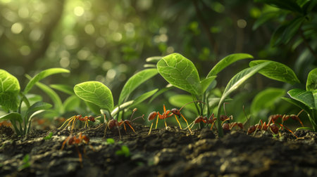 A colony of leaf-cutter ants harvesting foliage and transporting it back to their nest, illustrating their role as ecosystem engineers.の素材