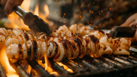 A chef grilling whole squid over an open flame, brushing them with marinade and turning them with tongs for even cooking and char marks.の素材