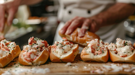 A chef preparing lobster rolls, filling buttered buns with chunks of fresh lobster meat tossed in mayonnaise and seasoningの素材