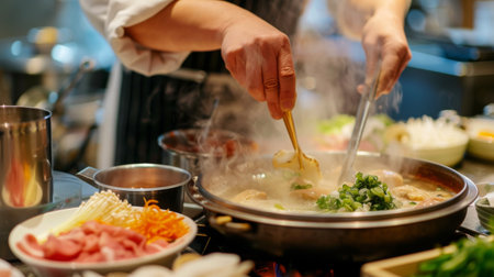 A chef adding ingredients to a bubbling shabu-shabu hot pot, creating a fragrant and flavorful broth for diners to enjoy.の素材