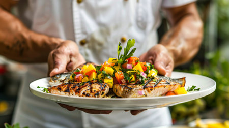 A chef presenting a plate of grilled fish steaks with a colorful mango salsa, showcasing the vibrant flavors and textures of the seafood dish.の素材