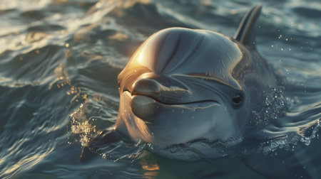 A close-up of a dolphin's smiling face as it surfaces for air, its intelligent eyes reflecting the beauty and mystery of the ocean.の素材