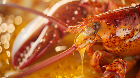 A close-up of a lobster claw with melted butter dripping from the tender meat, ready to be enjoyed as a delectable seafood treat.の素材